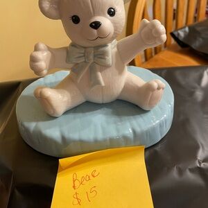 Ceramic Bear Figurine with Blue Bow